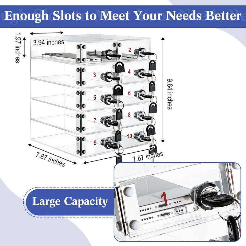 Layhit 10 Slots Cell Phone Locker Box for Classroom Clear Acrylic Cell Phone Storage Cabinet Bin with Door Locks for Classroom School Students Office Factory Employees - Image 3